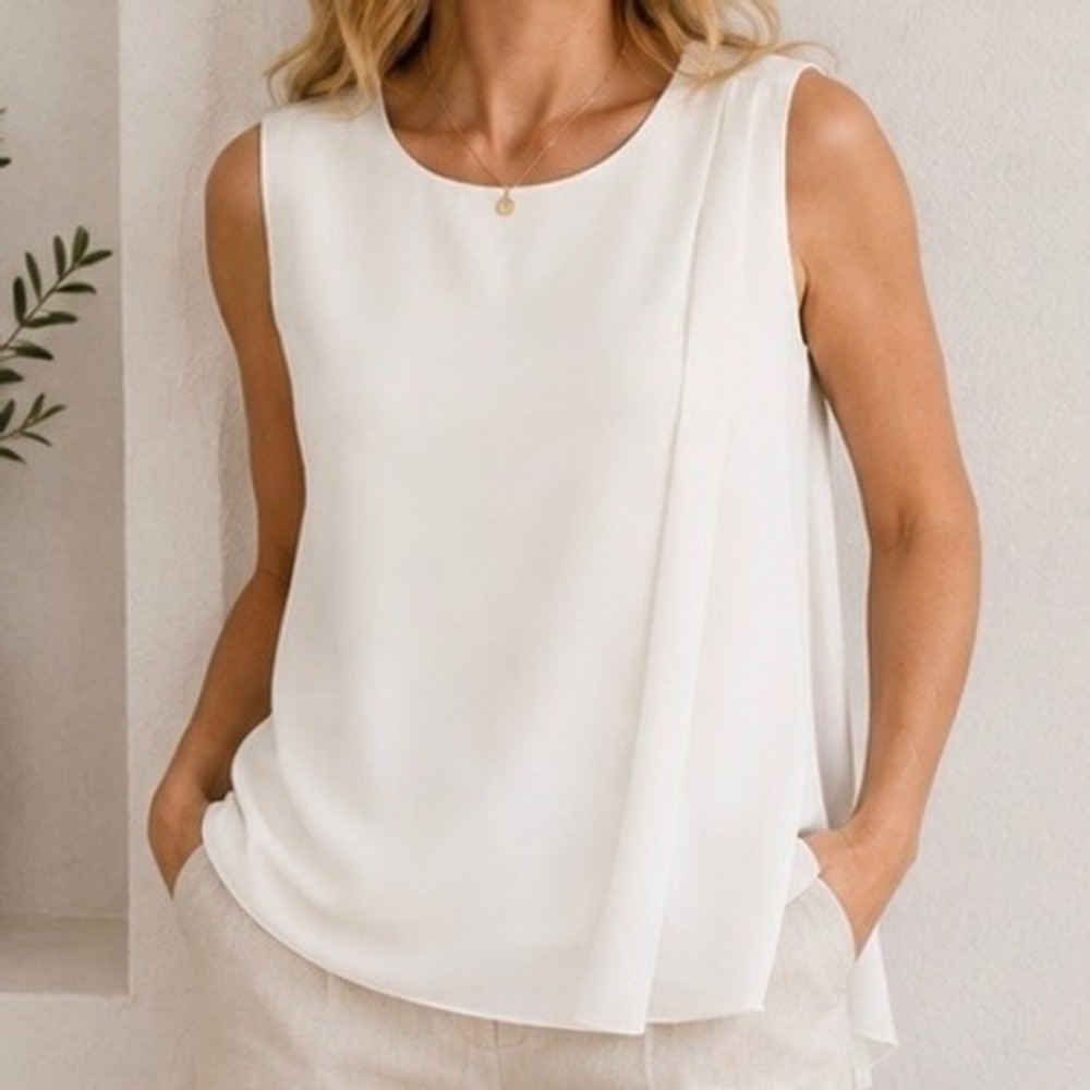 Lauren Ralph Lauren Cream White Asymmetrical Draped Sleeveless Blouse Top 10